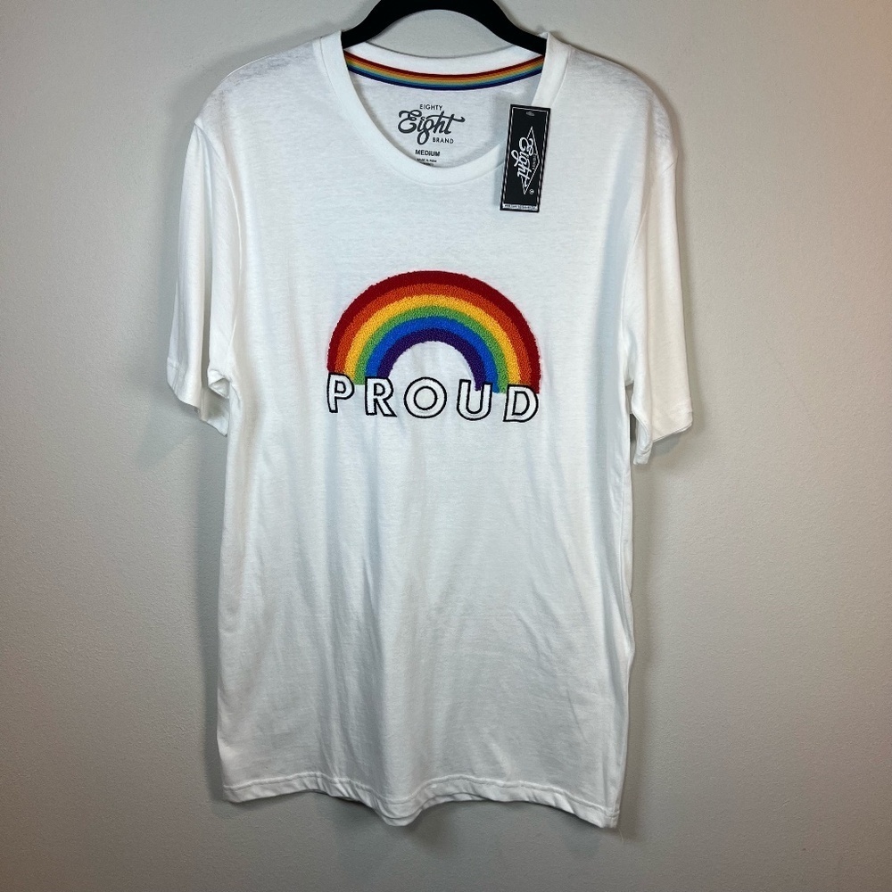 Rainbow Proud Crew Neck T-Shirt White Short Sleeve Embroidered Adult Size Medium